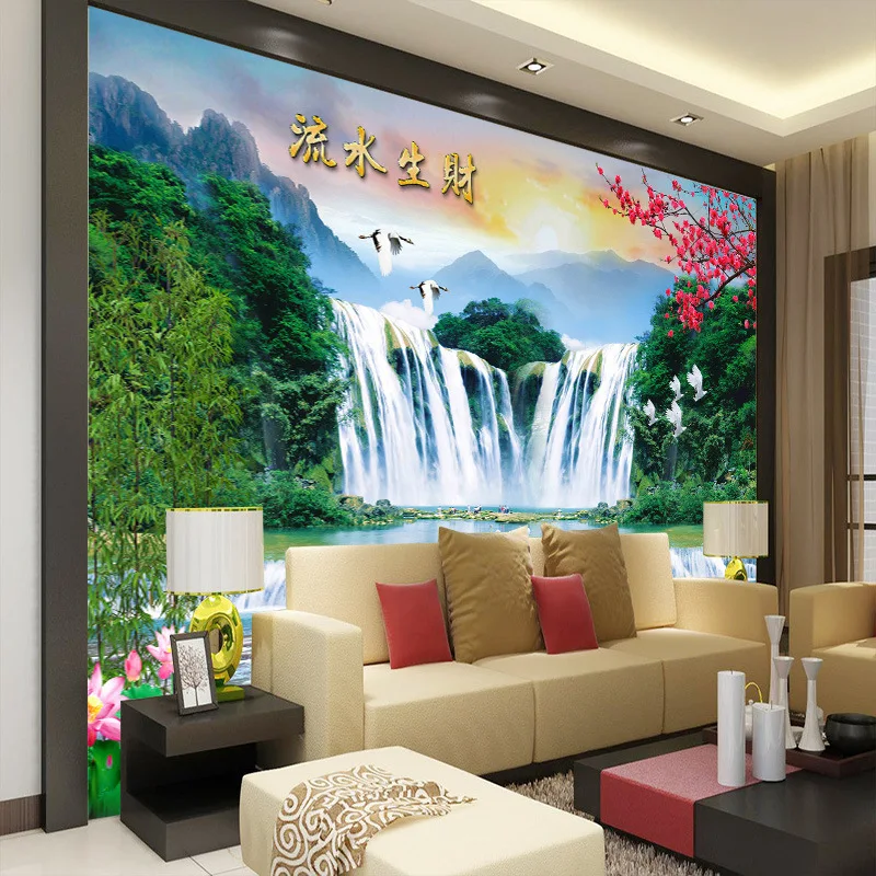 

Customized photo wallpaper of waterfall and green forest sunrise flowers landscape living room TV Sofa background hallway decor