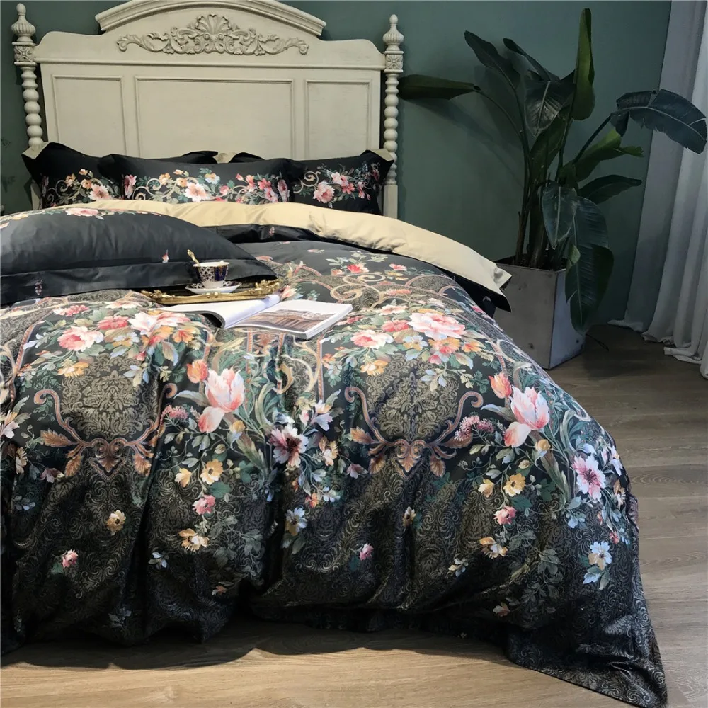 Роскошные черные комплекты постельного белья из египетского хлопка с цветочным