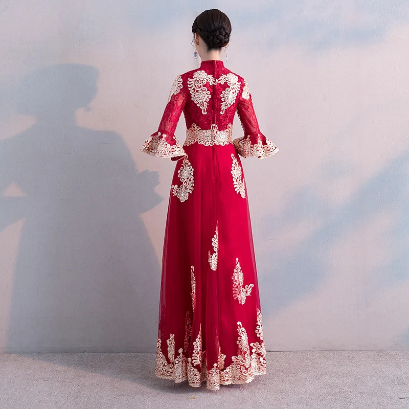 

Red Chinese Oriental Embroidery Mandarin Collar Wedding Women Sexy Cheongsam Evening Dress Elegant Princess Dresses Modern Qipao