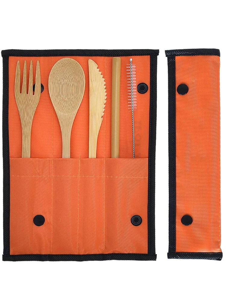 Environmental Protection Travel Bag Bamboo Tableware Knife Fork Spoon Chopsticks Straw Brush Set with Cloth | Дом и сад