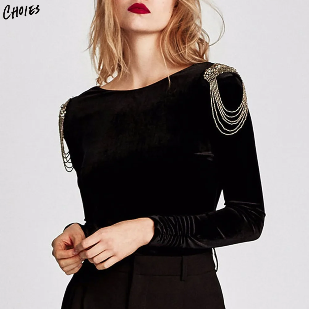 Сплошной черный украшенный бисером бархатный боди с длинным рукавом для женщин