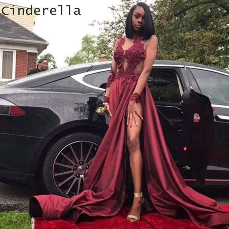 Платье Золушки бордового цвета с v образным вырезом и длинными рукавами