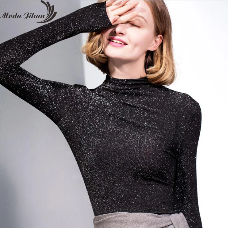 Moda Jihan женские футболки блестящая водолазка с высоким воротником топы длинными