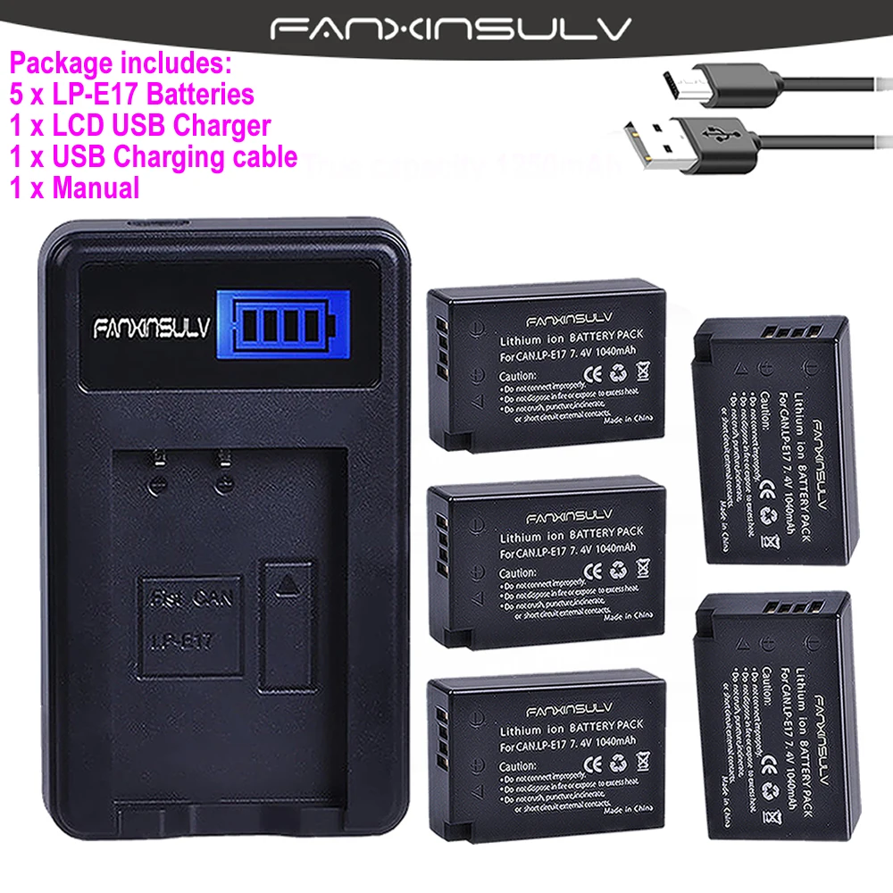 5 x LPE17 LP E17 LP-E17 батареи + ЖК-Зарядное устройство USB для Canon 200D M3 M5 M6 77D 750D 760D T6i T6s 800D 810D