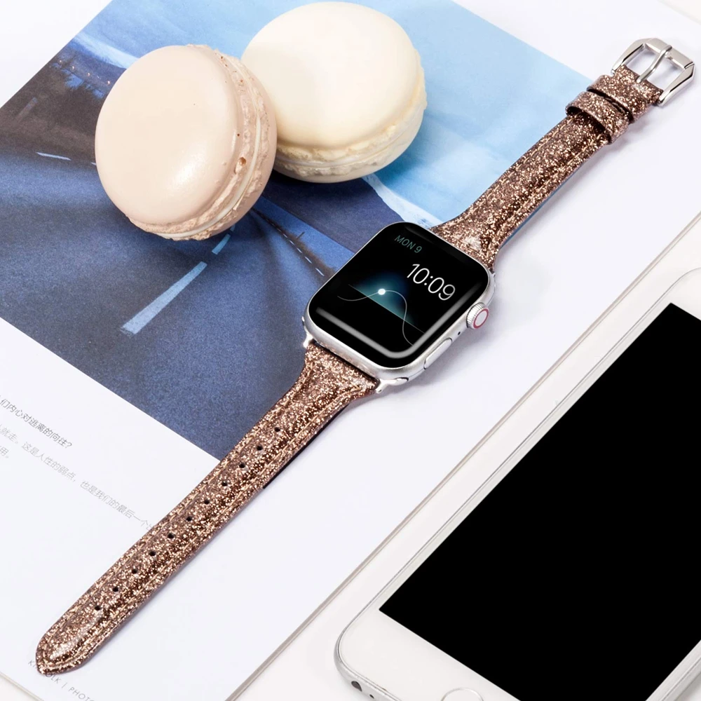 Тонкий блестящий кожаный ремешок для Apple Watch, 40 мм, 44 мм, для женщин, для iWatch, тонкий браслет, блестящий ремешок для серий 4, 3, 2, 1 издание