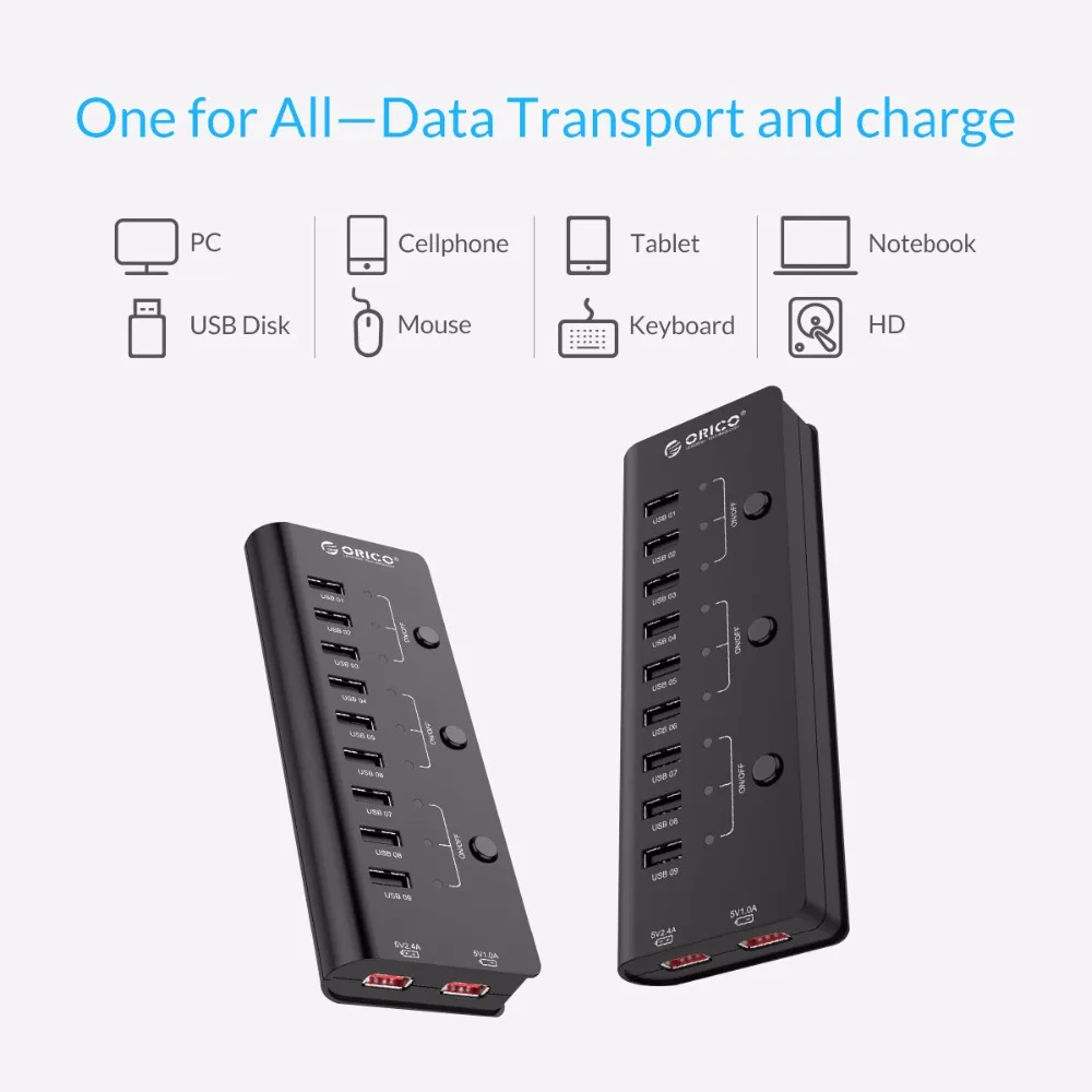 ORICO HF9US-2P 9 Port USB 2.0 Hub With 5V2A Charging For Tablet / Cellphone - Black | Компьютеры и офис