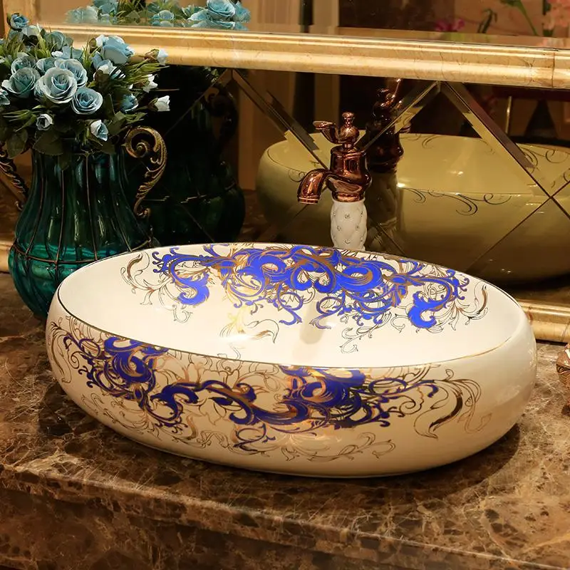Procelain ручной работы Artistc керамический Lavabo Ванная комната сосуд раковины Овальный Синий Керамический Умывальник Ванная раковина