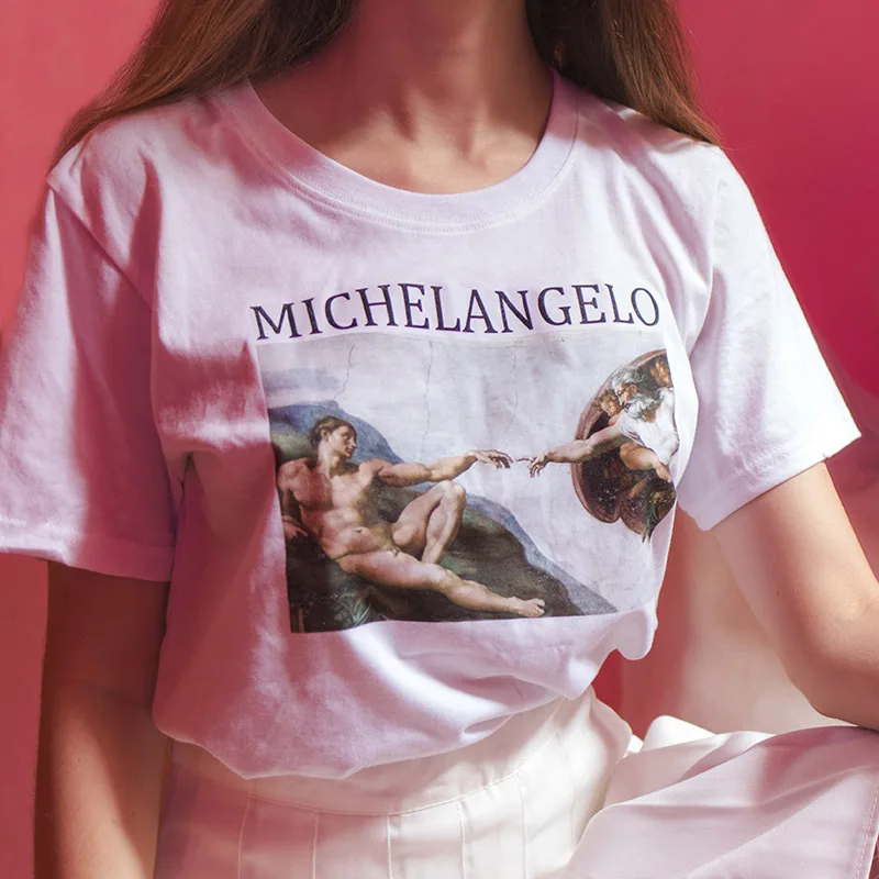 

Микеланджело систина 2019 летняя футболка ulzzang tumblr Футболка женская футболка Харадзюку кавайная женская футболка модная футболка