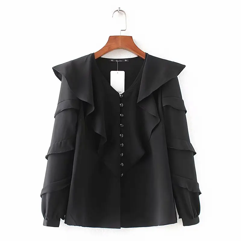 2019 autumn vintage v neck candy colors chiffon shirt female long sleeve chic ruffles Blouses high street Feminine Tops |