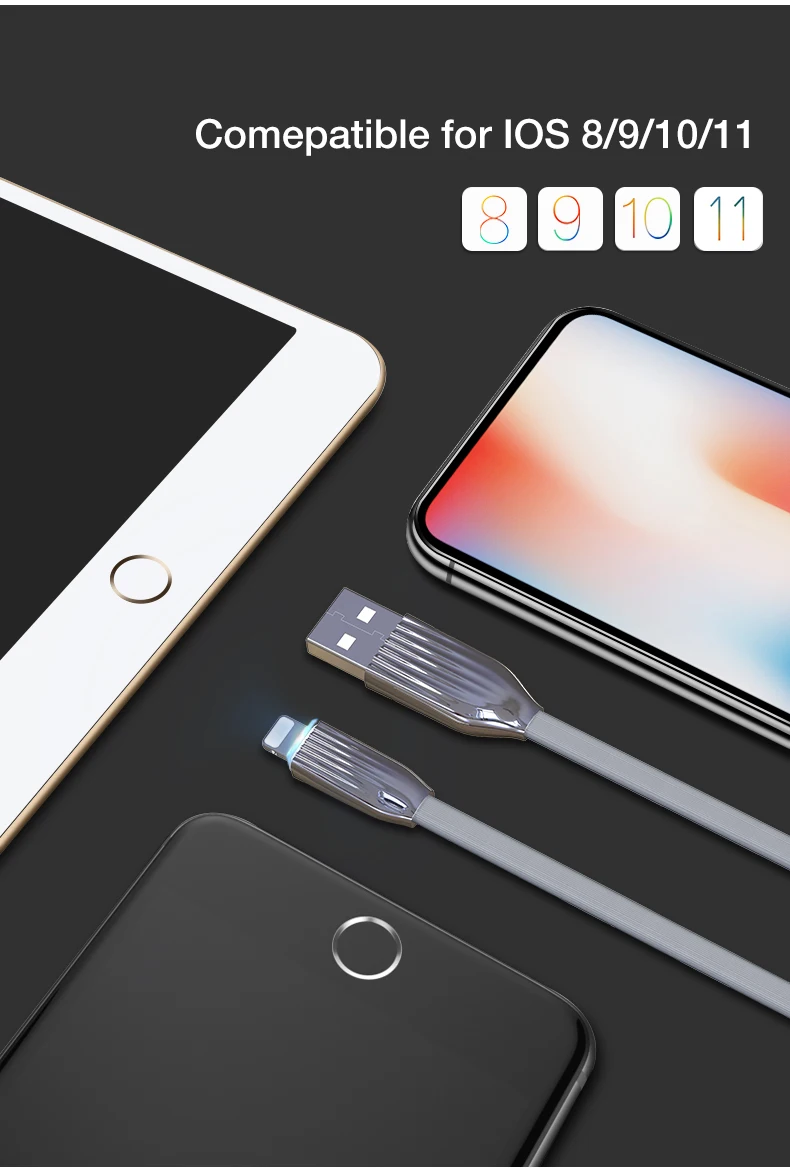 Cafele светильник ing USB кабель для iPhone X Xr Xs Max 8 7 6s Plus с белым светодиодный светильник 120 см плоский 8-контактный usb-кабель для зарядного устройства iPhone