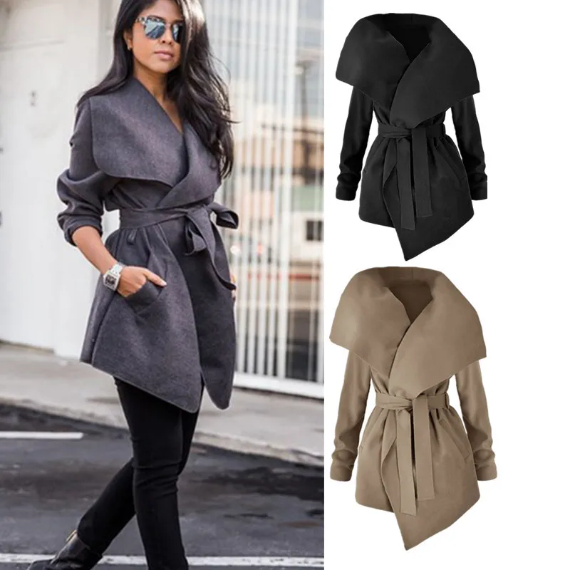 

2021 Korean style autumn woman 2021 long coat with belt ladies woolen elegant regular sleeve Windbreaker fall coat clothing