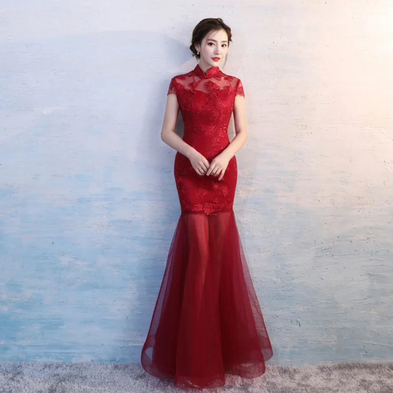 Chinese Traditional Clothes Qipao Wedding Wine Red Women Lace Formal Evening Party Cocktail Bridesmaid Long Cheongsam Dress Robe