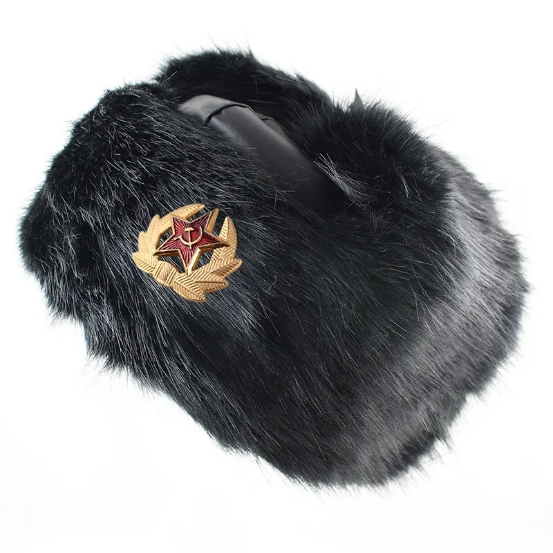 Long Fur Badge Советская армия, военный значок, Россия, ушанка, ПУ, шапки-бомберы, пилот, охотник, шапка, зимняя, искусственный мех, ушанка, мужские, кожаные, снежные шапки - Цвет: Long Fur Badge