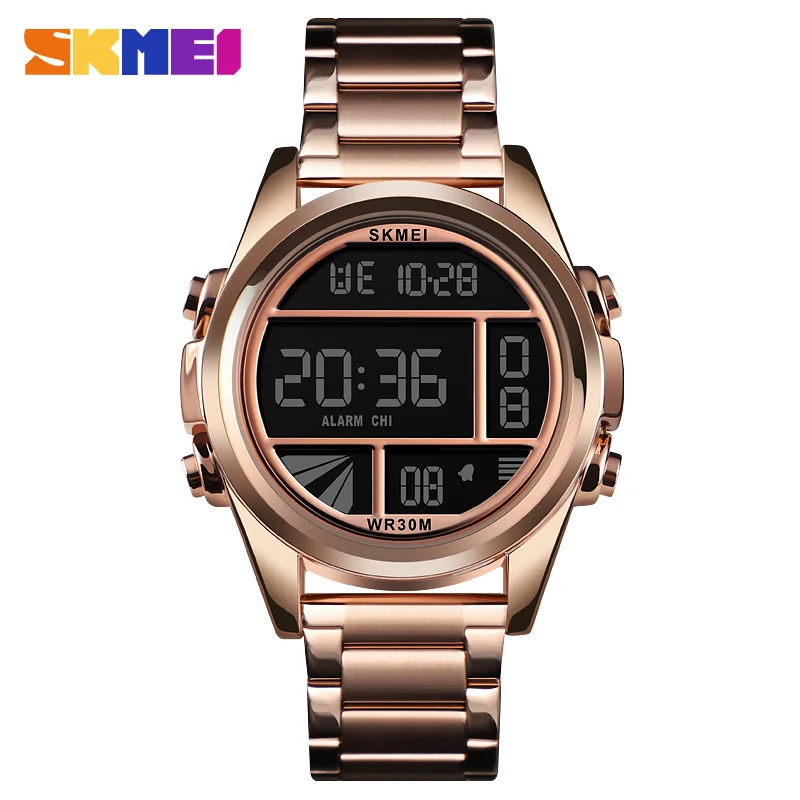 rose gold SKMEI модные электронные спортивные часы со стальным ремешком, мужские наручные часы в инновационном стиле - Цвет: rose gold