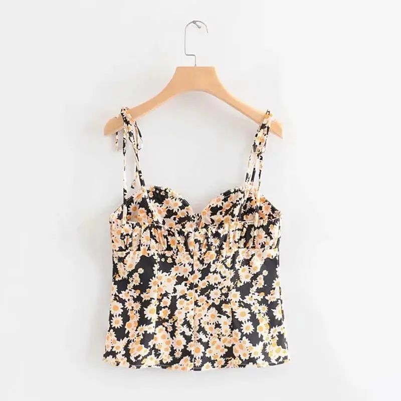 Boho Цветочный Принт укороченный Топ женский без спинки сексуальные рукавов cami