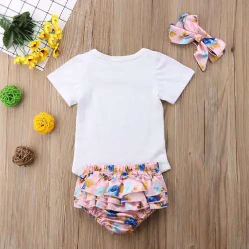 Newborn Babys Girls Outfits Clothes Letter Romper Jumpsuit +Floral Short +Headband Sets | Детская одежда и обувь
