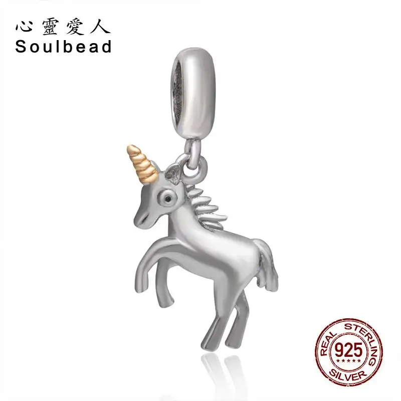 Подвеска в виде единорога Soulbead из серебра 925 пробы с золотыми рожками Подходит