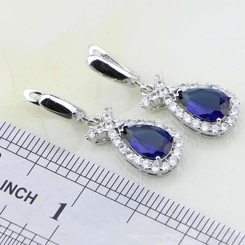 11.11 925 Sterling Silver Jewelry Blue Cubic Zirconia White CZ Sets For Women Wedding Earring/Pendant/Necklace/Ring | Украшения и