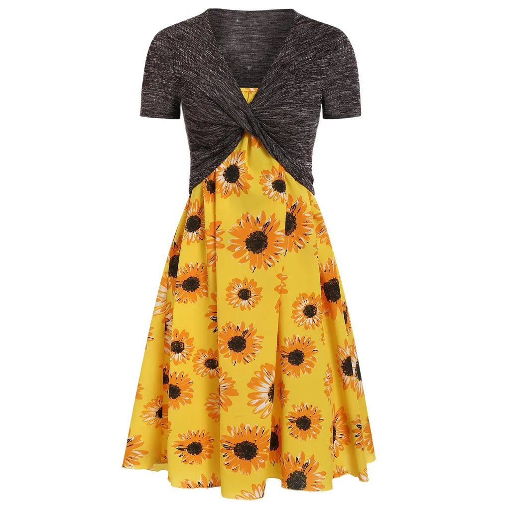 Милое Платье Лето Для женщин v образным вырезом короткий рукав топ с принтом