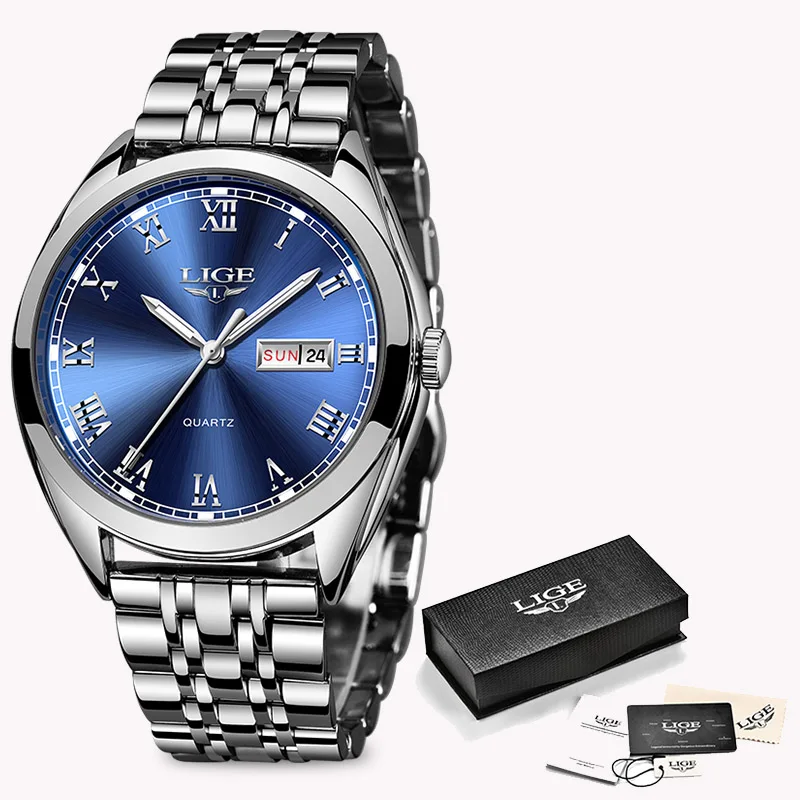 silver blue Новинка года. Мужские часы LIGE от ведущего бренда. Модные мужские часы с хронографом из нержавеющей стали. Водонепроницаемые деловые мужские наручные часы. Мужские часы - Цвет: silver blue