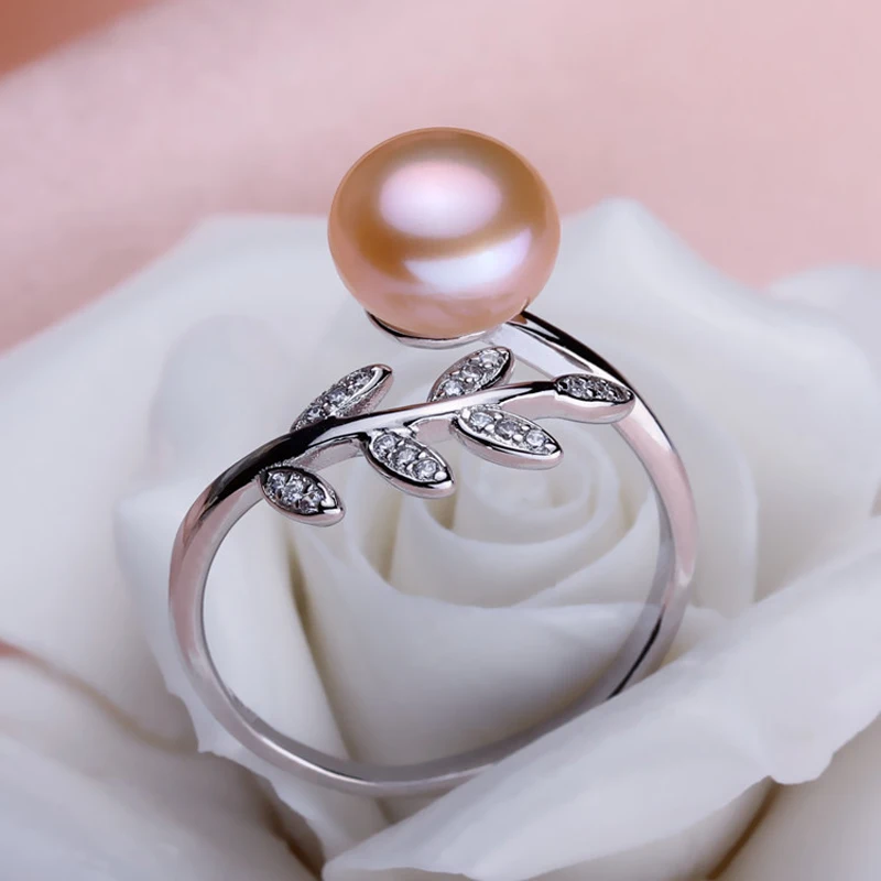pink pearl ring Модное кольцо с натуральным пресноводным белым серым черным жемчугом, кольцо с листьями для женщин, Свадебные/вечерние, подарок - Цвет камня: pink pearl ring