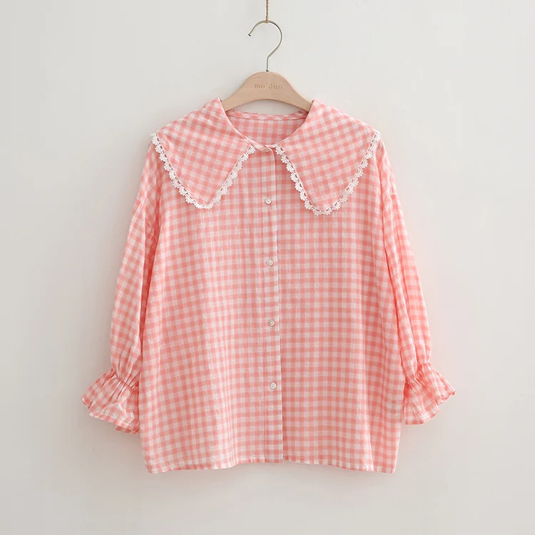 Шикарная шнуровка Питер Пэн воротник три четверти рукав Клетчатая Рубашка