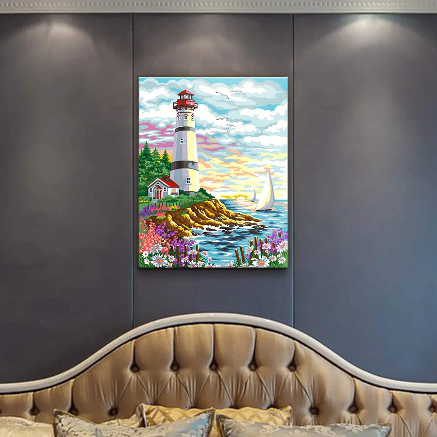 Оформлена DIY картина маслом по номерам ручной росписью Маяк на рассвете Гостиная