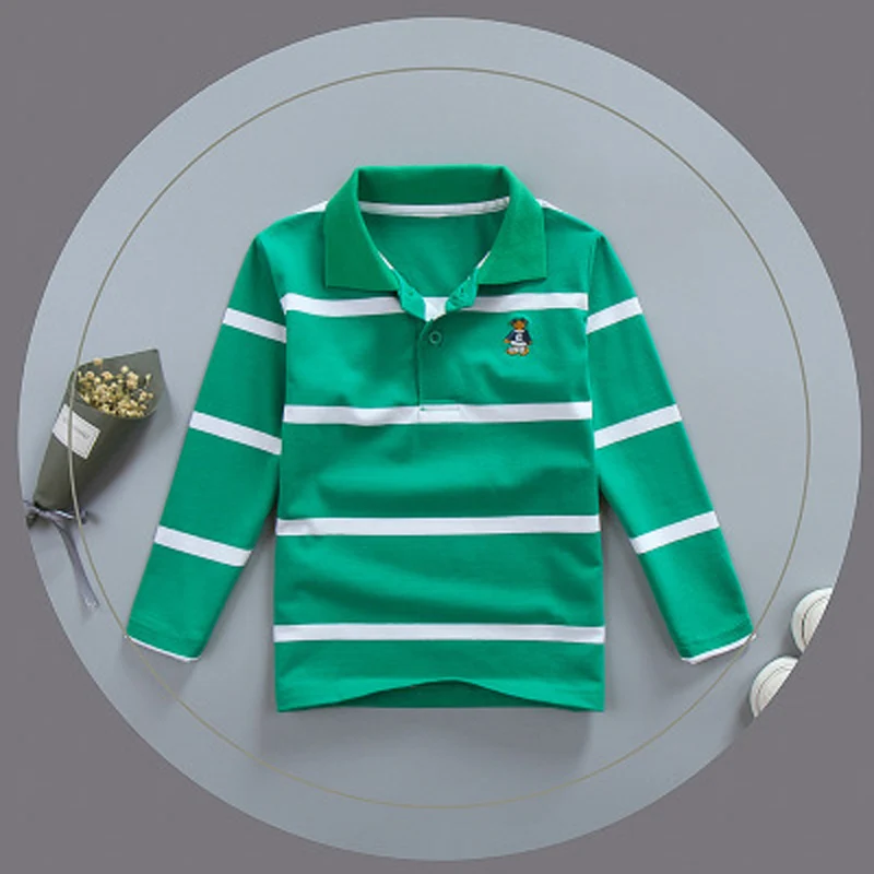 Детская хлопковая рубашка-поло в полоску с длинным рукавом |