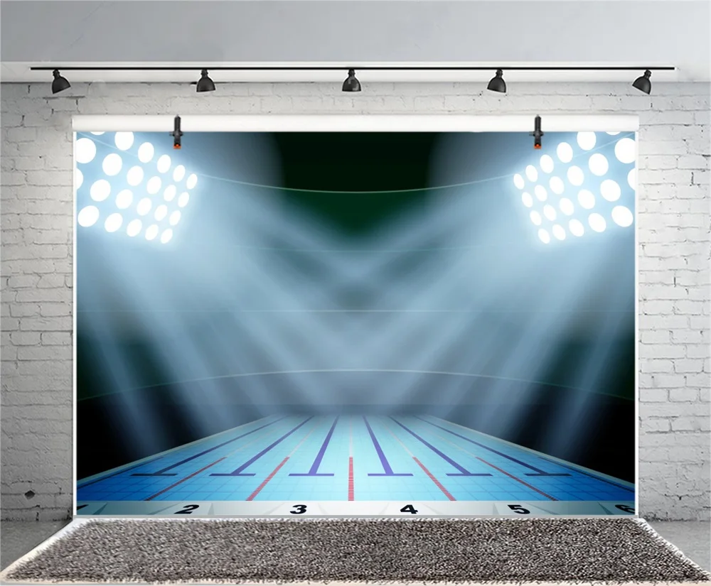 Laeacco Stadium Interior Swimming Pool Lighting Scene Photography Backgrounds Customized Photographic Backdrops For Photo Studio |