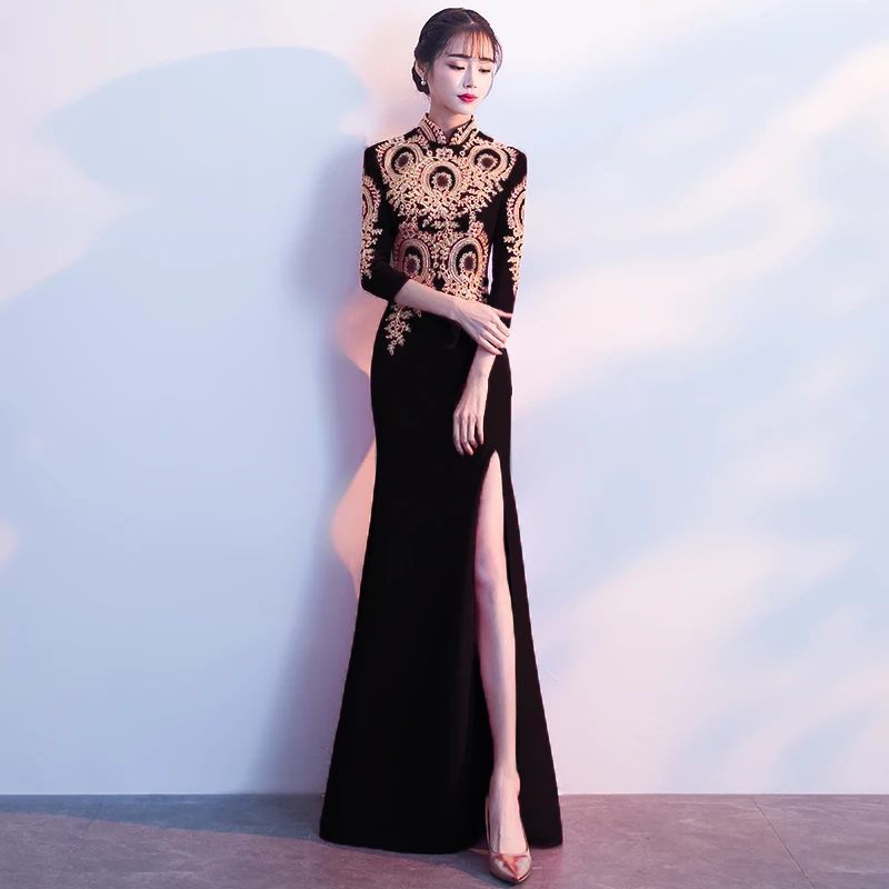 

Современное китайское свадебное платье Чонсам черного цвета пикантное традиционное вечернее платье в восточном стиле с воротником Qipao длинное платье с вышивкой