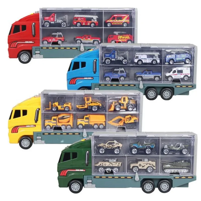 Автомобили из литого металла игрушка 2 в 1 грузовик сплава Hauler с 12 маленькими