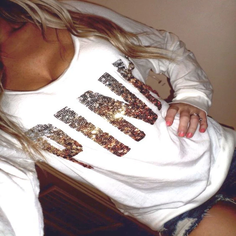 2017 модная Осенняя футболка для женщин топ с блестками в форме сердца круглый