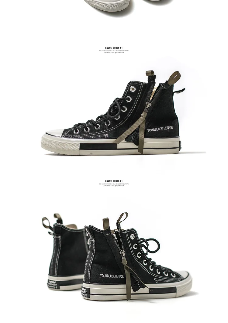 Men High Top Canvas Shoes Lace-up Sneakers Unisex Casual Shoes with Side Zipper Classic Retro Style Black High Quality Female
