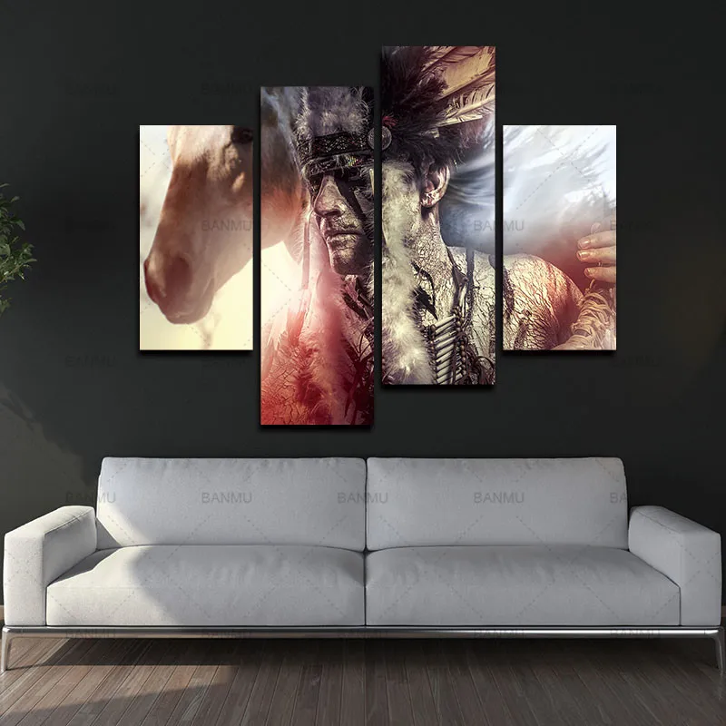 

Painting Pictures Print On Canvas People decor BANMU 4 Panel Wall Art Man Feather Headdress And Tomahawk Horse Gray Background