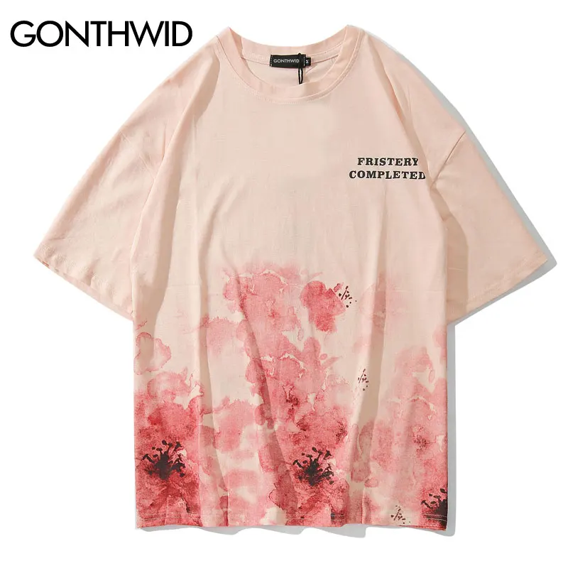 Футболки GONTHWID Cherry Blossom Ink Tie Dye с принтом, уличная Мужская футболка в стиле хип-хоп, повседневные топы с коротким рукавом, футболки Harajuku, футболки