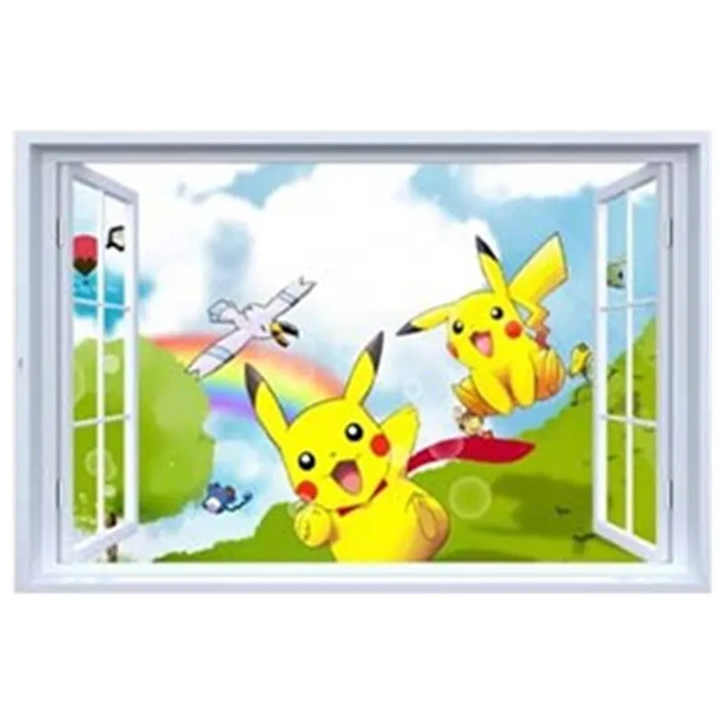 Pocket Monster game poster Baby Pikachu 3d Виниловые наклейки на стену с фальш окном для детских