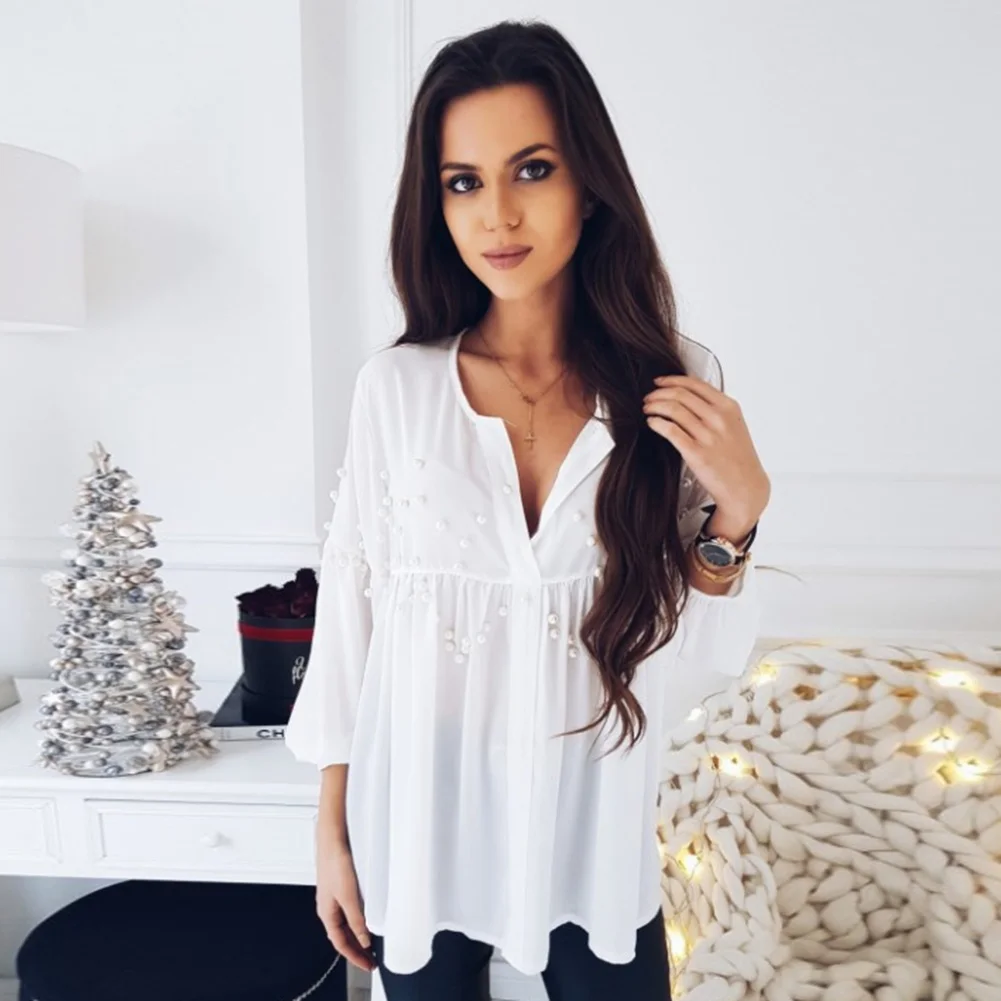 Hot sale spring Blouses Shirts Women fashion Pearls Beading Long lantern Sleeve V Ncek White Chiffon blouse Tops |