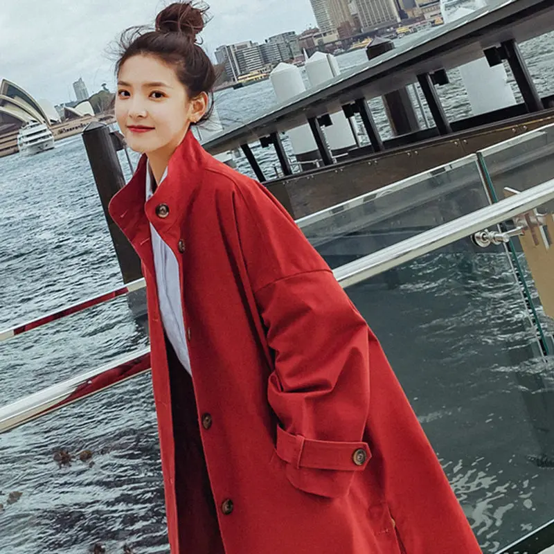 2020 Осенняя Женская ветровка с воротником стойкой длинный рукав подол Раздельный