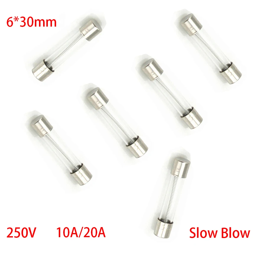 T10A T20A 250V AC 6*30mm 6x30mm спиральная задержка медленный выдув Стеклянная трубка