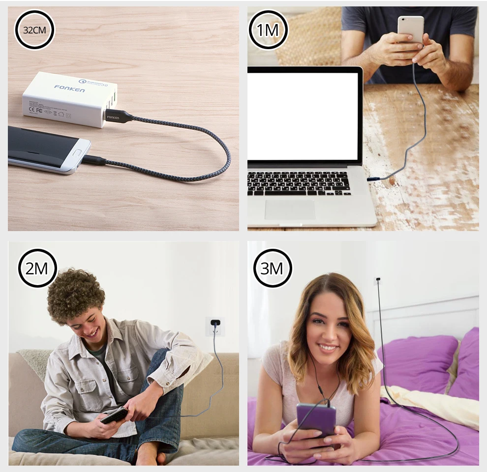 Кабель FONKEN с нейлоновой оплеткой type-C к USB кабель быстрого зарядного устройства 2128AWG 2.4A Быстрая зарядка данных Реверсивный USB C кабель для телефона