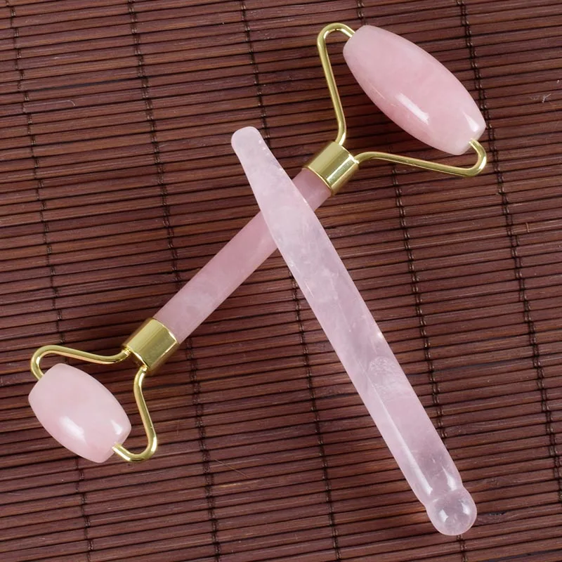 1 set 2 pieces Ролик для лица Gua Sha инструмент массажный набор Китай традиционный натуральный розовый кварц спа иглоукалывание выскабливание тела лечебный камень макияж - Цвет: 1 set 2 pieces