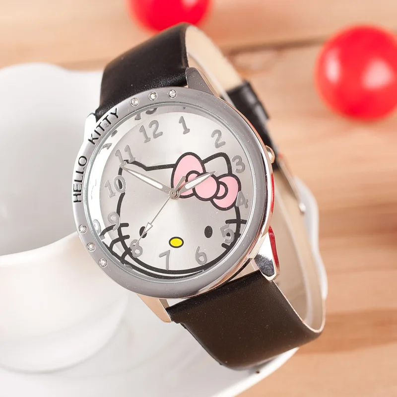 Black Новые детские часы hello kitty для девочек, кварцевые детские часы с кожаным ремешком, детские часы для девочек с героями мультфильмов, Feminino Relojes Relogio - Цвет: Black