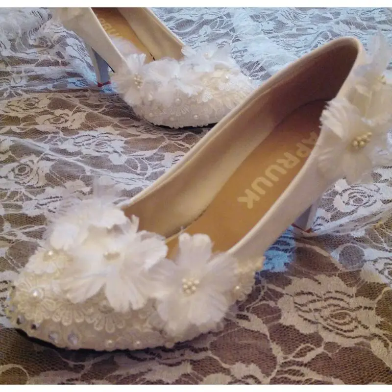 HANDMADE lace white wedding shoes women plus large sizes round toes FLOWERS brides bridal bridesmaid party dress | Обувь