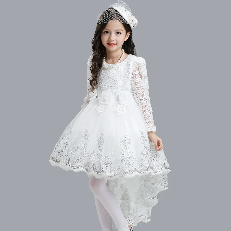 Elegant Lace Long Sleeves Princess Girls Dovetail Dress Kids Children Trailing Sequins Flower White Birthday Party Prom | Детская одежда