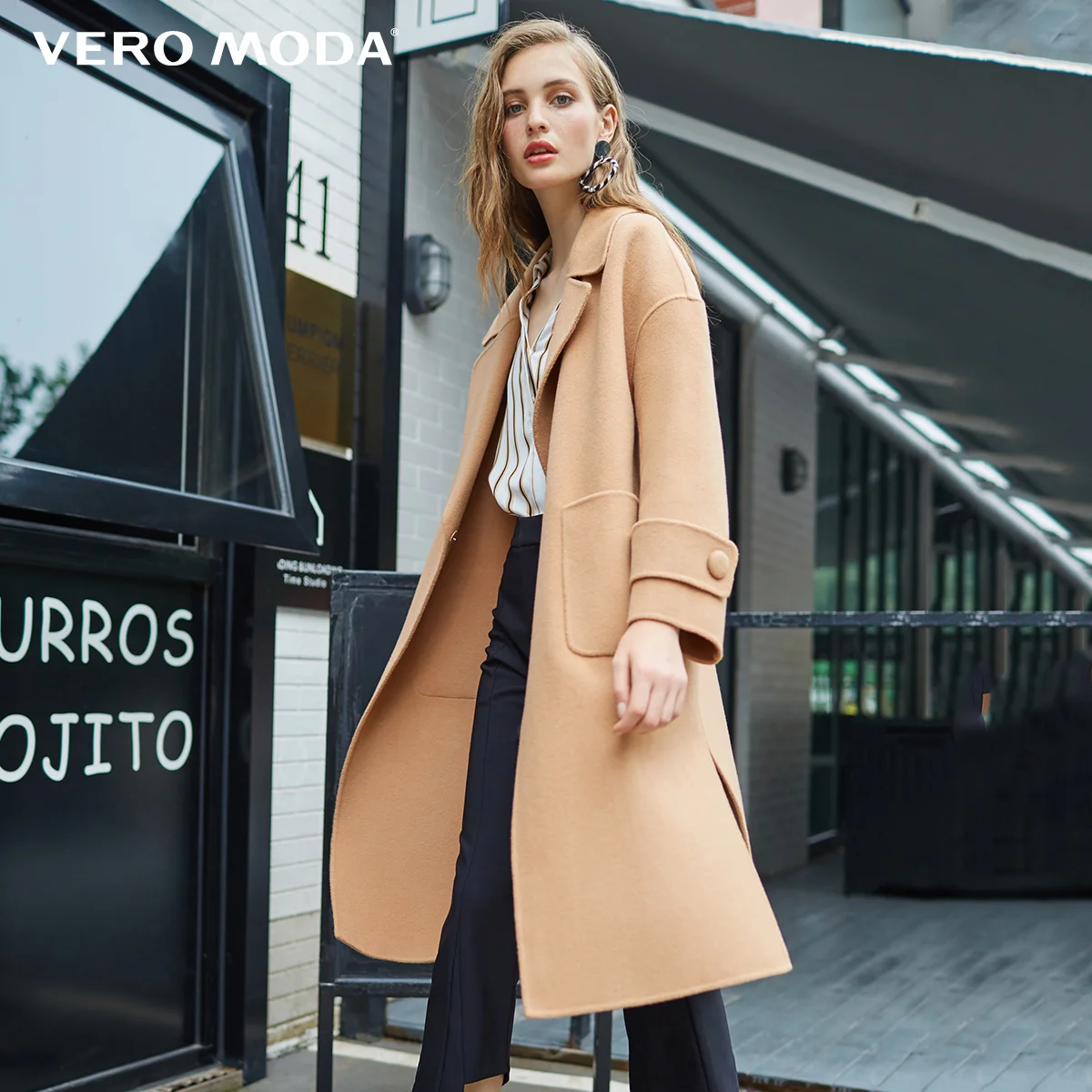 Vero Moda женское новое шерстяное Двустороннее пальто с открытыми плечами из чистой шерсти | 318327502 - Цвет: Nude