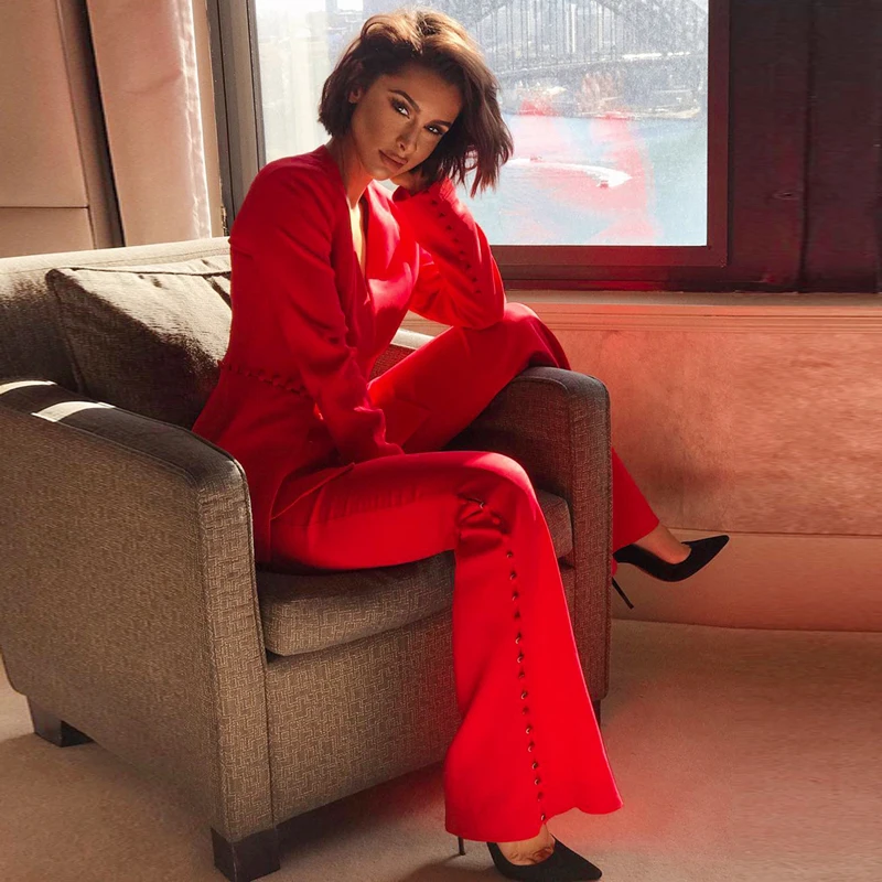 Bqueen 2019 New Women Red Two Piece Sets Office Lady V-Neck Sexy Set Long Sleeve Full Length Pants Fashion | Женская одежда