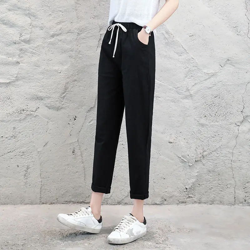 Pantalon Femme, хлопковые и льняные брюки, женские летние штаны-шаровары на шнуровке, потертые тонкие повседневные женские штаны, женские спортивные штаны C4342 - Цвет: black