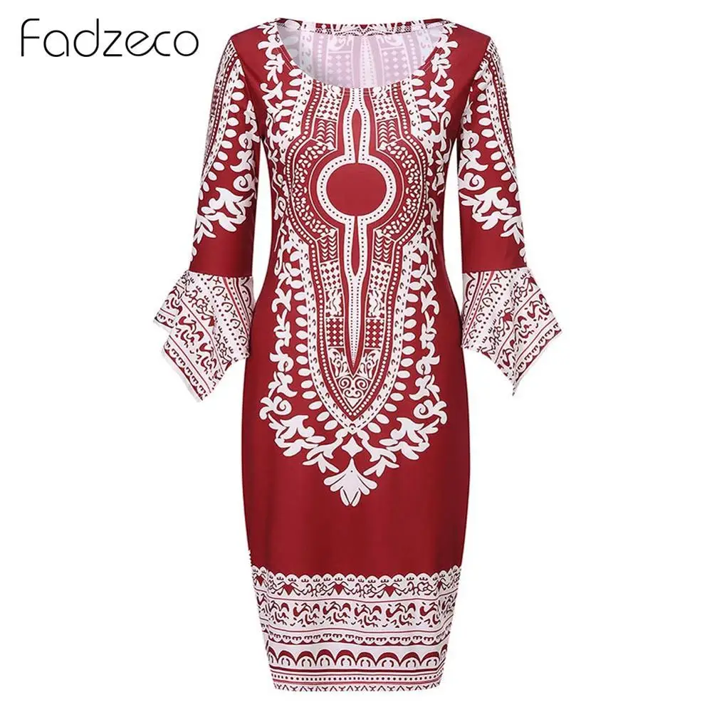 Fadzeco африканские платья для женщин Дашики 3/4 рукав цветочные Bodycon миди платье этнический Племенной печати летнее платье карандаш