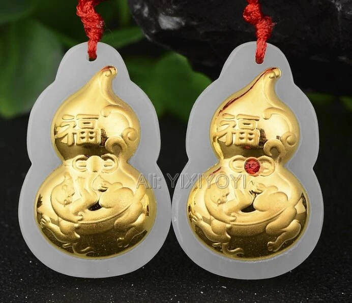 Beautiful Natural White Hetian Jade + 18K Solid Gold Inlaid Chinese Cucurbit Design Lucky Pendant Free Necklace Fine Jewelry | Украшения и