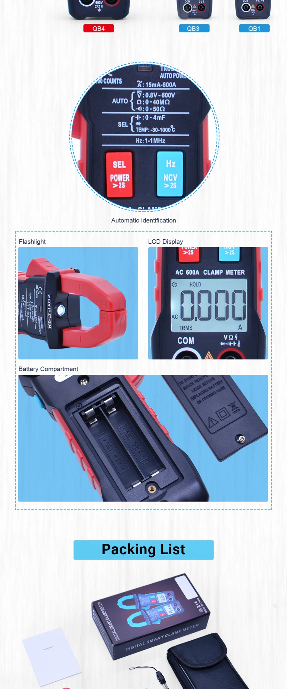 ZOYI Clamp Multimeter ZT-QB1/QB3/QB4 4000 count True RMS Digital Auto Range Data Hold Peak Hold Flashlight NCV Test 600A Ammeter